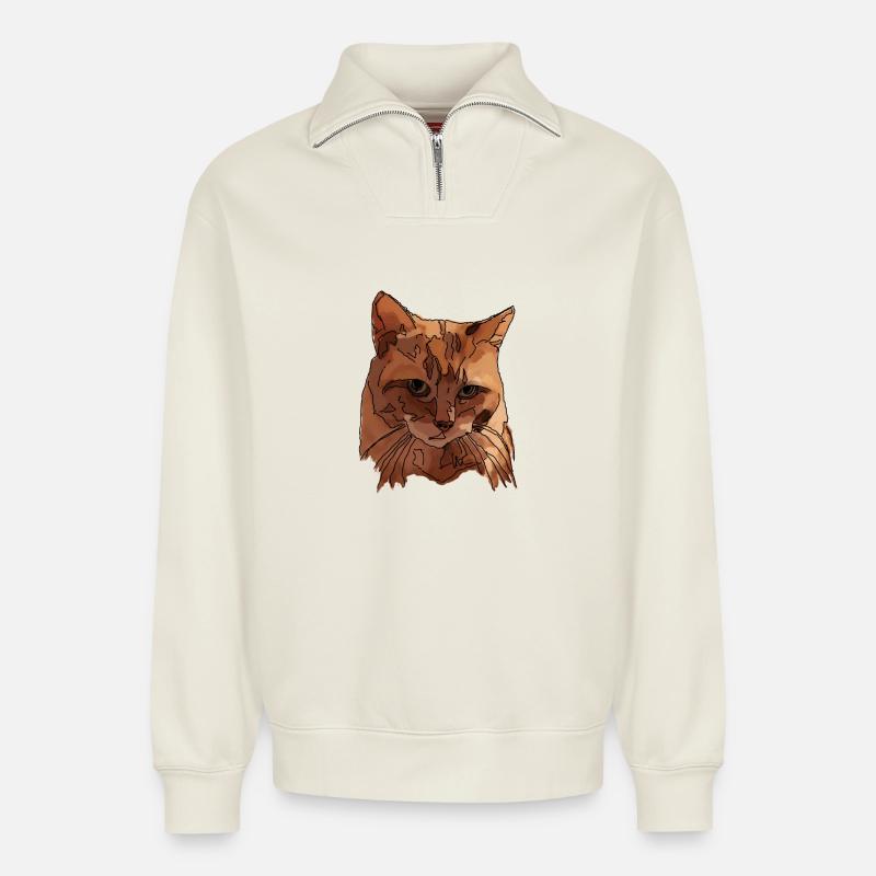 Chat - Sweat unisexe décontracté en coton biologique à demi-zip – de SPREAD - blanc cassé