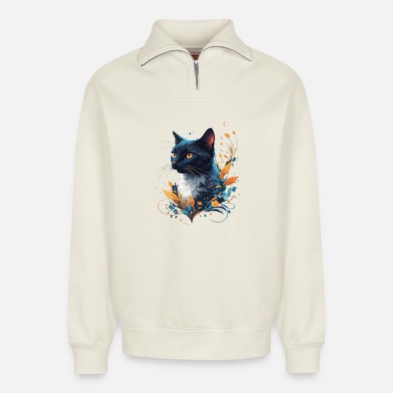 Bunte Katze - Relaxed Unisex Organic Half Zip Sweatshirt – von SPREAD - Naturweiß