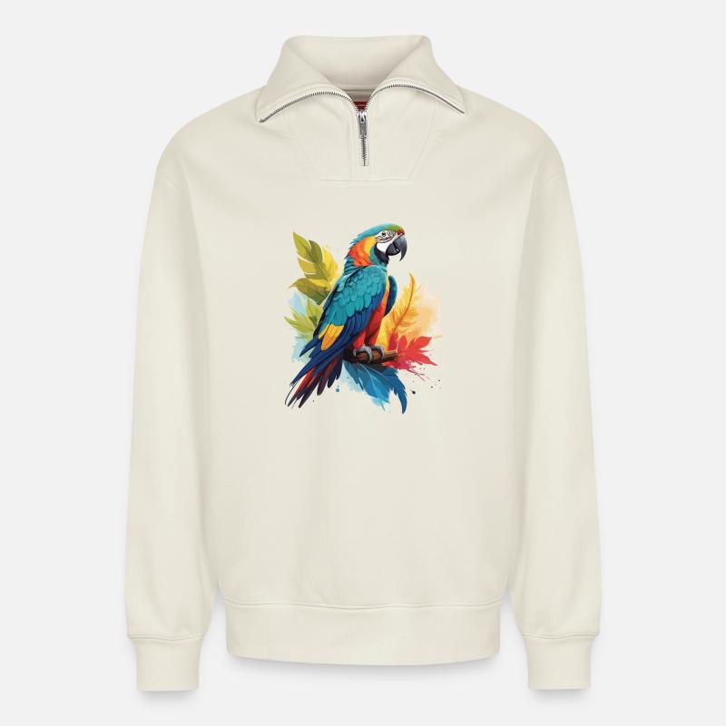 Bunter Papagei - Relaxed Unisex Organic Half Zip Sweatshirt – von SPREAD - Naturweiß