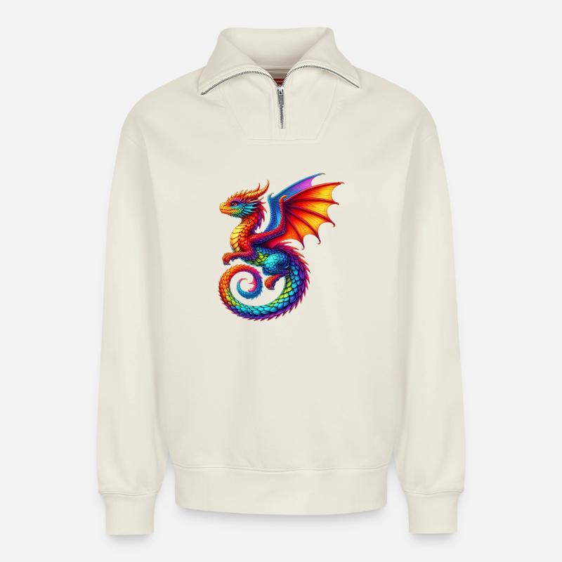 Drache - Relaxed Unisex Organic Half Zip Sweatshirt – von SPREAD - Naturweiß