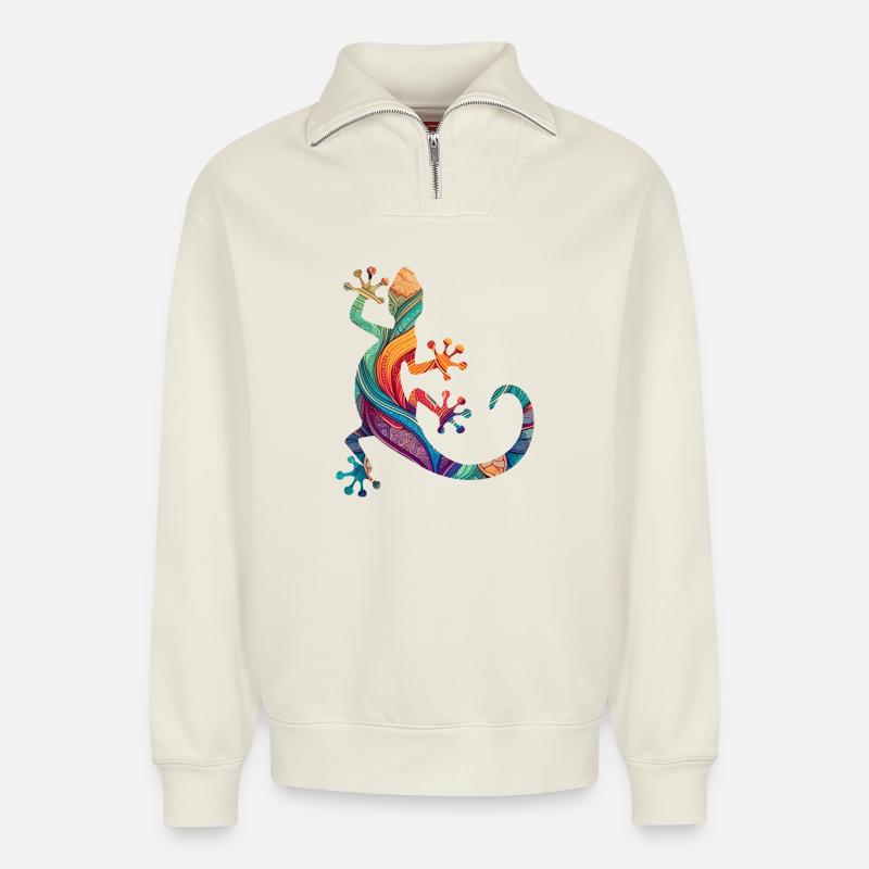Mandala Gecko - Relaxed Unisex Organic Half Zip Sweatshirt – von SPREAD - Naturweiß