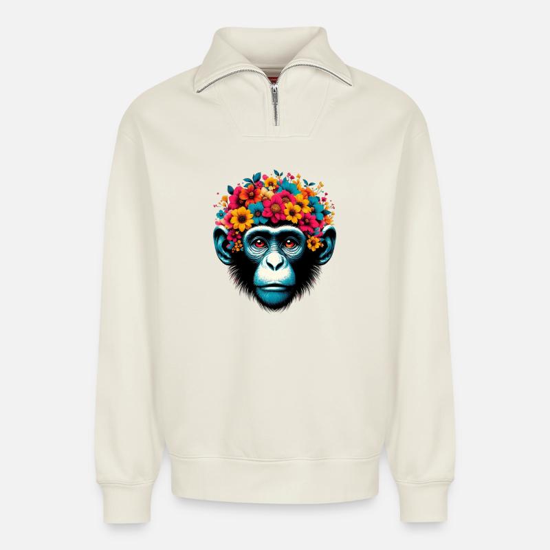 Monkey - Relaxed Unisex Organic Half Zip Sweatshirt – by SPREAD - off white