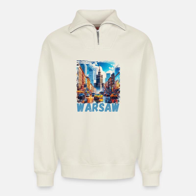Varsovie - Sweat unisexe décontracté en coton biologique à demi-zip – de SPREAD - blanc cassé
