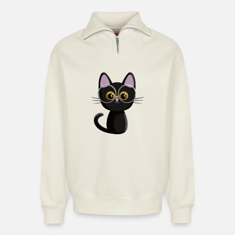 Chat noir - Sweat unisexe décontracté en coton biologique à demi-zip – de SPREAD - blanc cassé