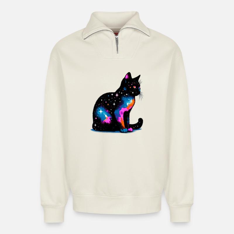 Chat - Sweat unisexe décontracté en coton biologique à demi-zip – de SPREAD - blanc cassé