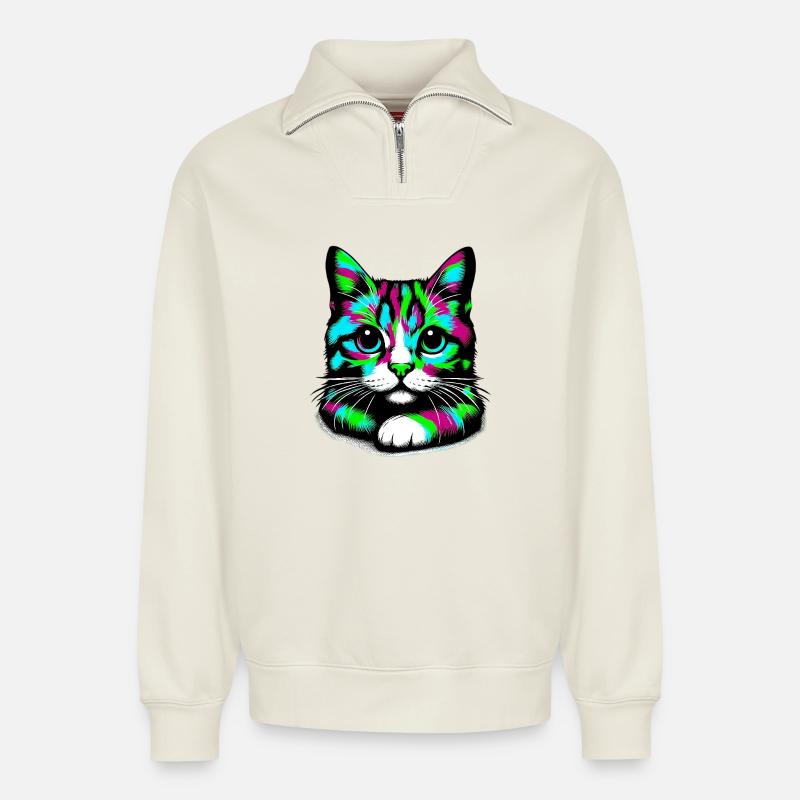 Katze - Relaxed Unisex Organic Half Zip Sweatshirt – von SPREAD - Naturweiß