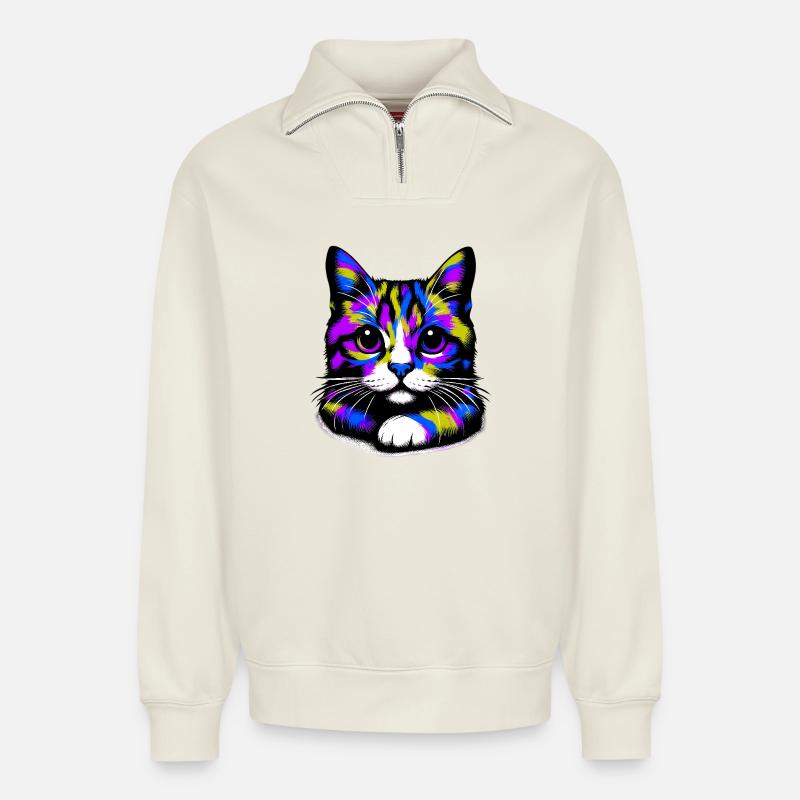 Katze - Relaxed Unisex Organic Half Zip Sweatshirt – von SPREAD - Naturweiß