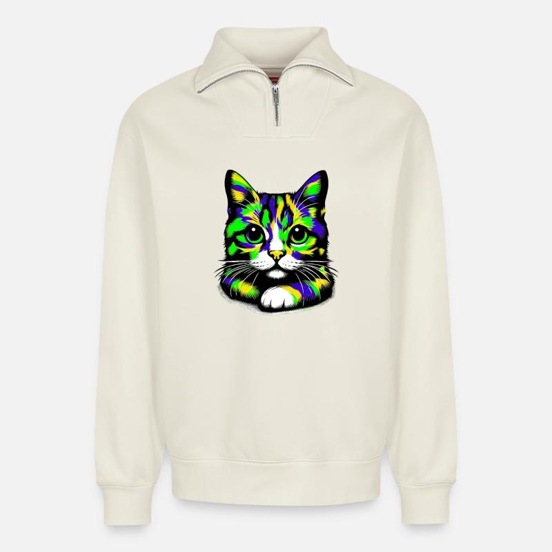 Katze - Relaxed Unisex Organic Half Zip Sweatshirt – von SPREAD - Naturweiß
