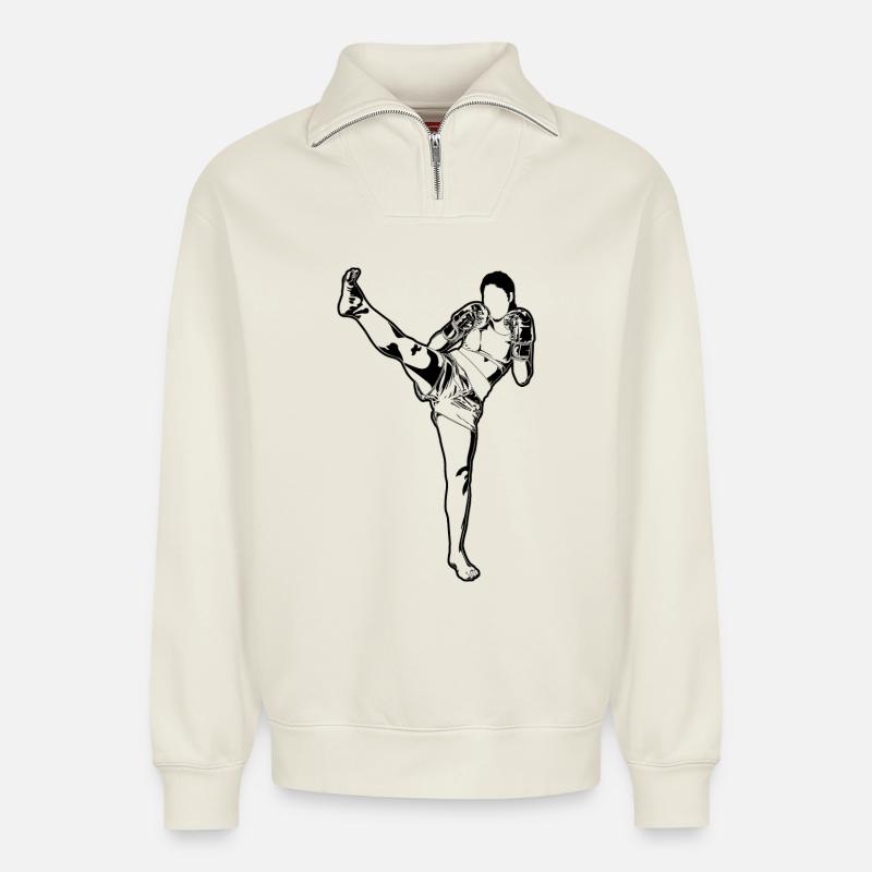 Weiblicher Kickboxer - Relaxed Unisex Organic Half Zip Sweatshirt – von SPREAD - Naturweiß