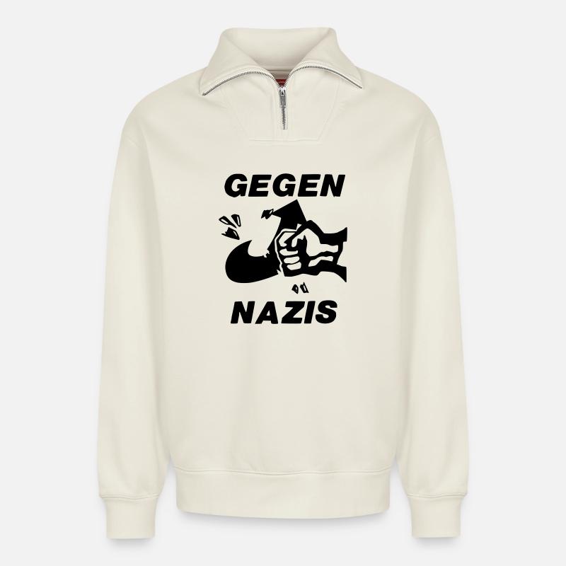 Gegen Nazis - Relaxed Unisex Organic Half Zip Sweatshirt – von SPREAD - Naturweiß