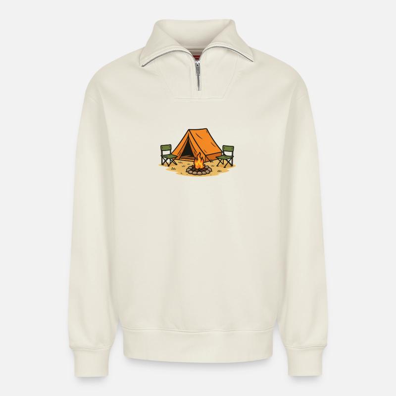 Abenteuerliches Camping Lagerdesign - Relaxed Unisex Organic Half Zip Sweatshirt – von SPREAD - Naturweiß