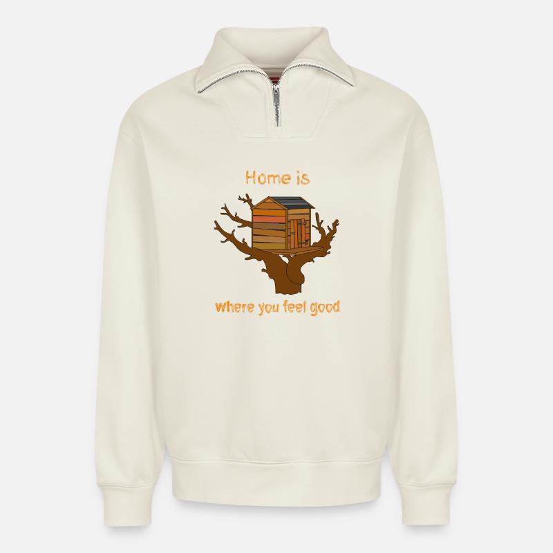 Haus im Baum mit Text - Relaxed Unisex Organic Half Zip Sweatshirt – von SPREAD - Naturweiß