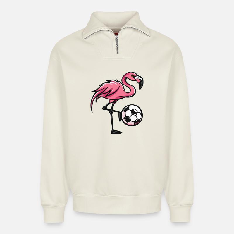 Flamingo Fußball Comic - Relaxed Unisex Organic Half Zip Sweatshirt – von SPREAD - Naturweiß
