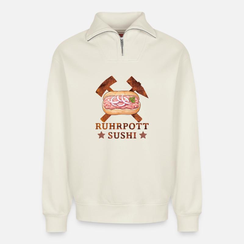 Ruhrpott Sushi - Relaxed Unisex Organic Half Zip Sweatshirt – von SPREAD - Naturweiß