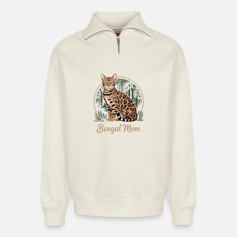 Mignonne maman chatte Bengalie - Sweat unisexe décontracté en coton biologique à demi-zip – de SPREAD - blanc cassé