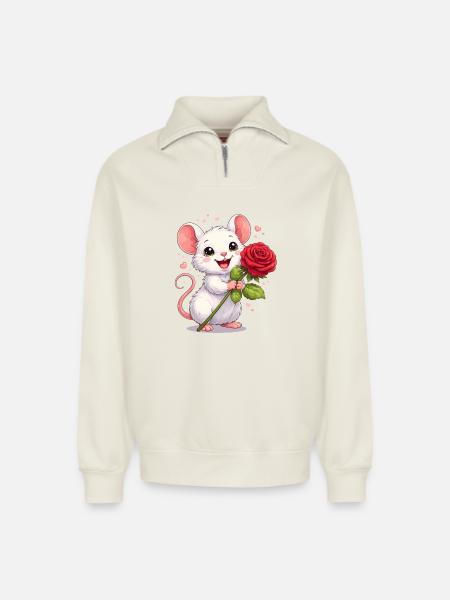 Topo carino con rosa – Motivo di San Valentino pieno d'amore - Felpa unisex con mezza zip con vestibilità rilassata in cotone biologico – di SPREAD - bianco naturale