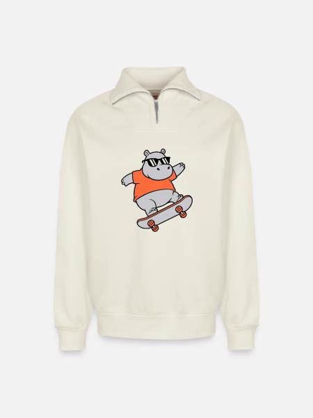 Cool Hippopotamus Skater Skateboard Vector - Relaxed Unisex Organic Half Zip Sweatshirt – by SPREAD - off white