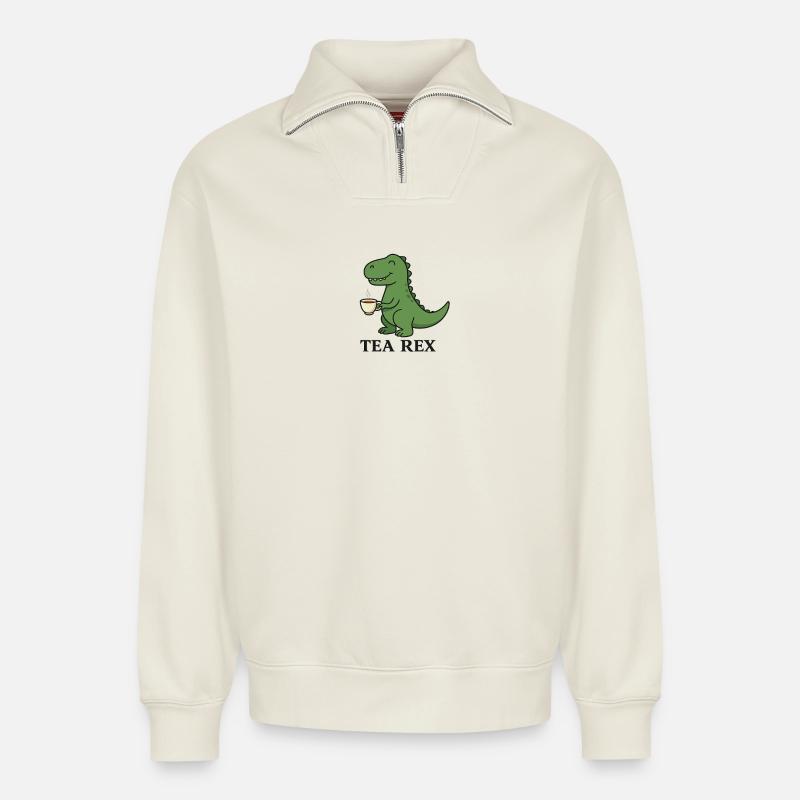 Tea Rex Dino mit Tee - Relaxed Unisex Organic Half Zip Sweatshirt – von SPREAD - Naturweiß