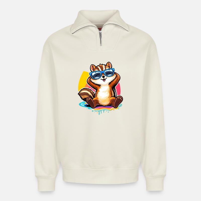Relaxed chipmunk with sunglasses - Relaxed Unisex Organic Half Zip Sweatshirt – by SPREAD - off white
