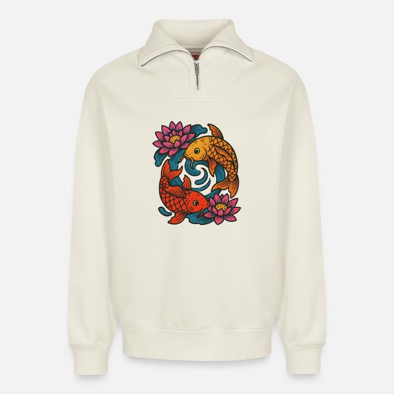 Koi- und Lotus-Runddesign - Relaxed Unisex Organic Half Zip Sweatshirt – von SPREAD - Naturweiß