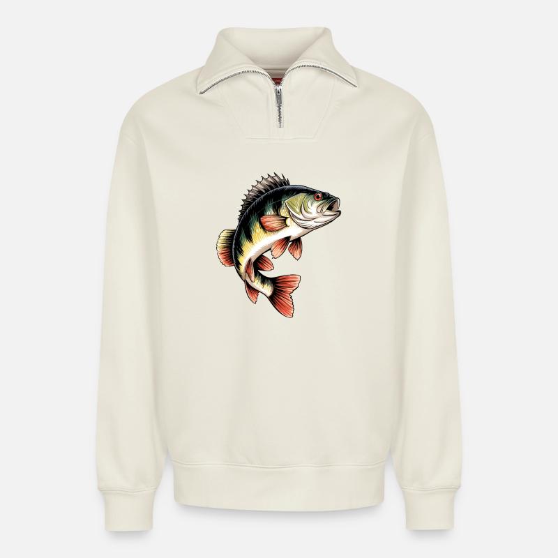 Barsch Motiv - Relaxed Unisex Organic Half Zip Sweatshirt – von SPREAD - Naturweiß