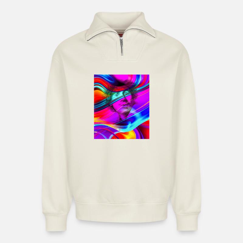 Psychedelisches Porträt im Farbfluss - Relaxed Unisex Organic Half Zip Sweatshirt – von SPREAD - Naturweiß