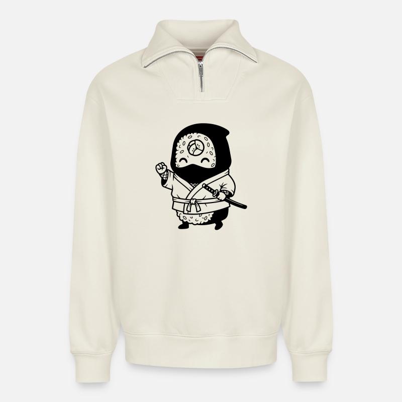 Sushi Samurai Kawaii - Relaxed Unisex Organic Half Zip Sweatshirt – by SPREAD - off white