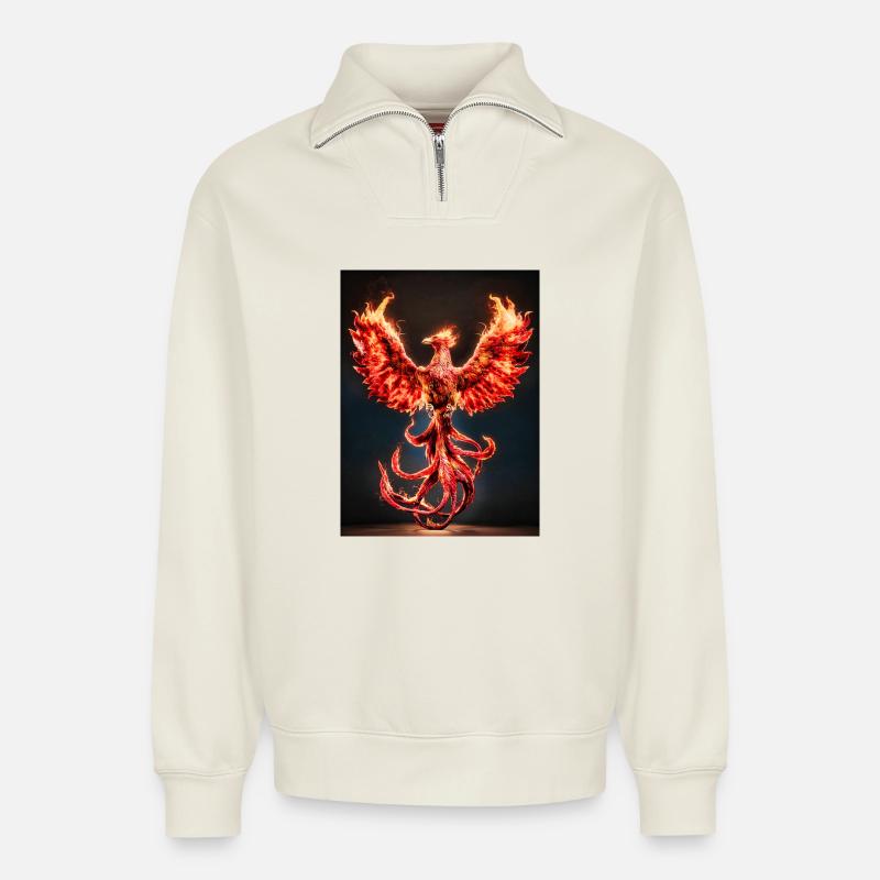 Phoenix Firecrest Burst - Relaxed Unisex Organic Half Zip Sweatshirt – by SPREAD - off white
