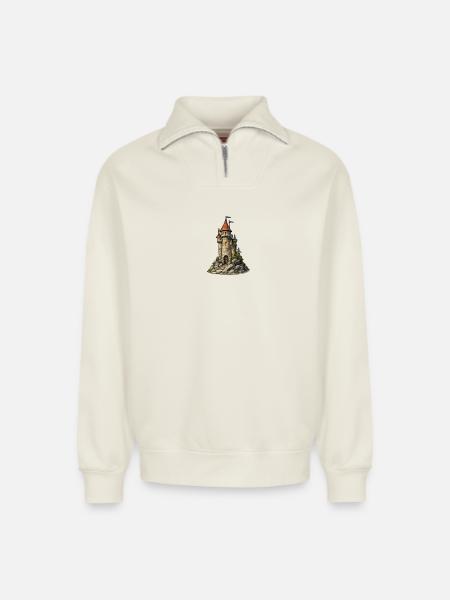 Castle tower on the rock - Relaxed Unisex Organic Half Zip Sweatshirt – by SPREAD - off white