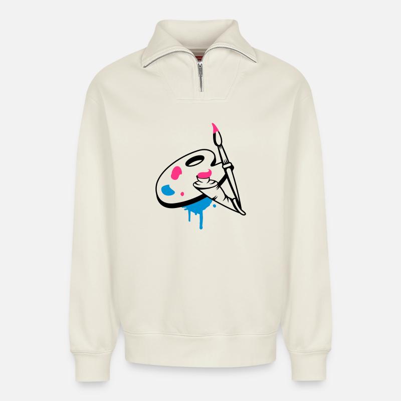 Pinsel,Farbe und Mischpalette - Relaxed Unisex Organic Half Zip Sweatshirt – von SPREAD - Naturweiß