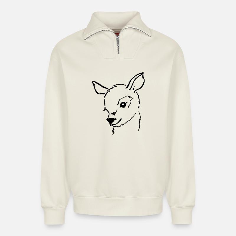 Reh Rehkitz handgemalter Rehkopf - Relaxed Unisex Organic Half Zip Sweatshirt – von SPREAD - Naturweiß