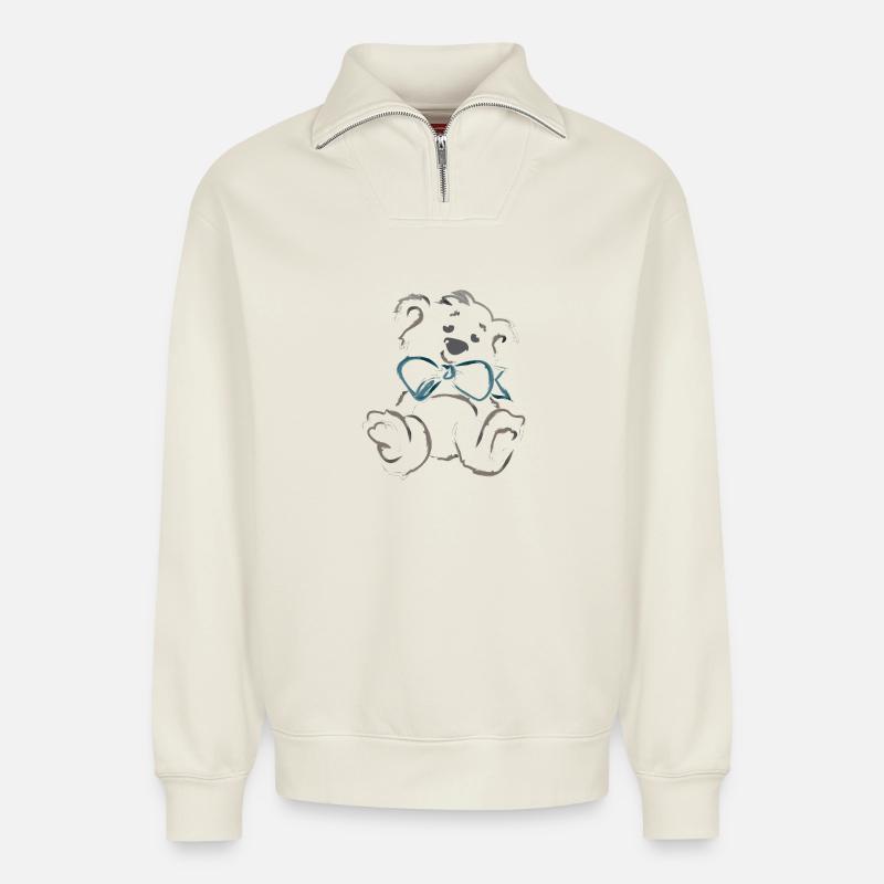 Teddybär mit Schleife - Relaxed Unisex Organic Half Zip Sweatshirt – von SPREAD - Naturweiß