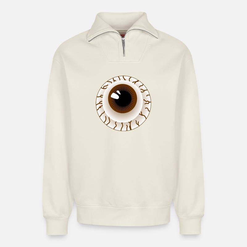 Globe oculaire brun - Sweat unisexe décontracté en coton biologique à demi-zip – de SPREAD - blanc cassé