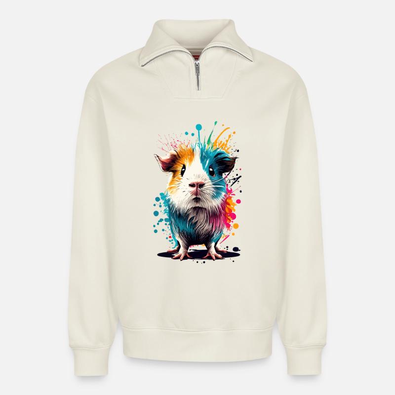Cochon d’Inde - Mignon cochon d’Inde - Sweat unisexe décontracté en coton biologique à demi-zip – de SPREAD - blanc cassé