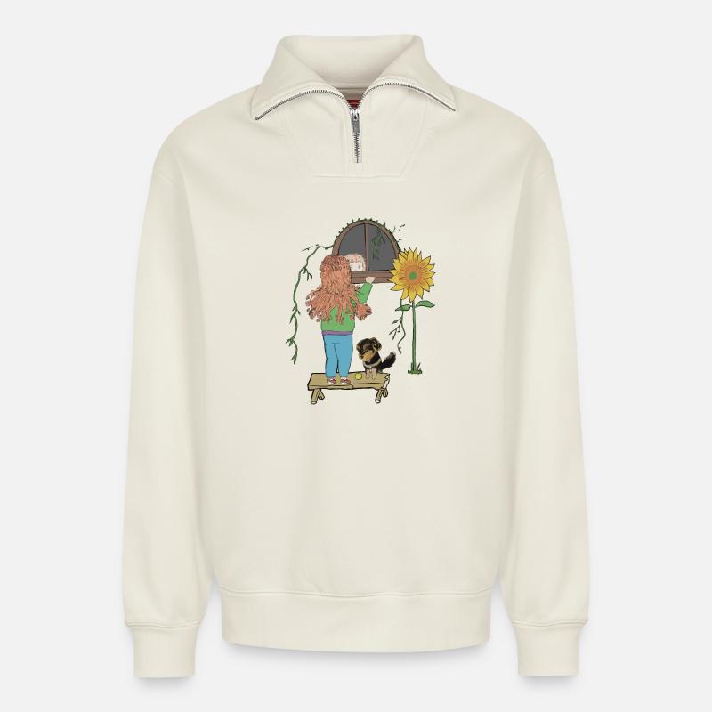 Hunde & Kinder & Bälle - Relaxed Unisex Organic Half Zip Sweatshirt – von SPREAD - Naturweiß