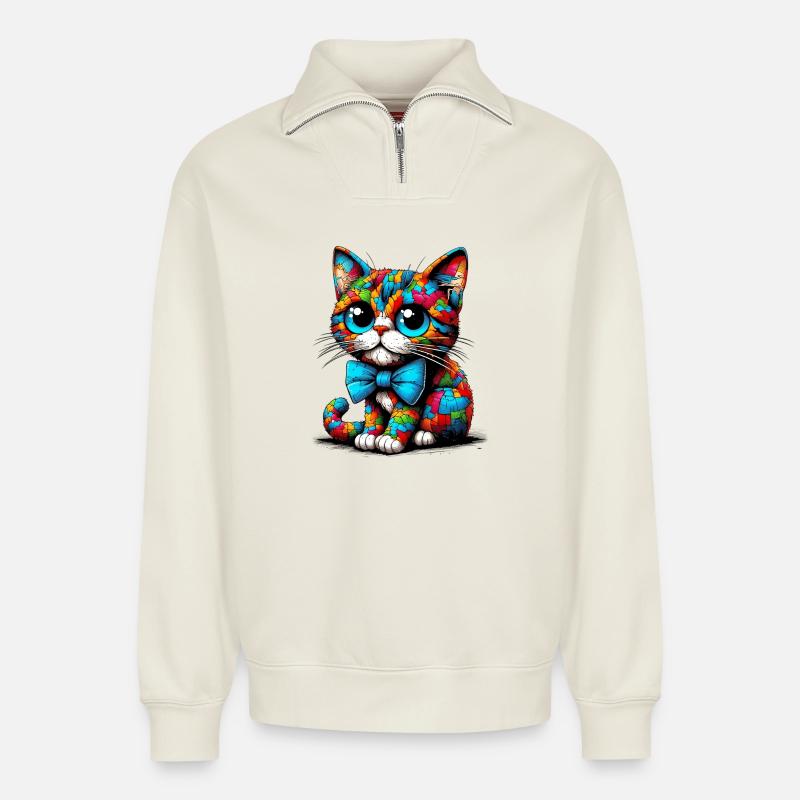 Katze mit Fliege - Relaxed Unisex Organic Half Zip Sweatshirt – von SPREAD - Naturweiß