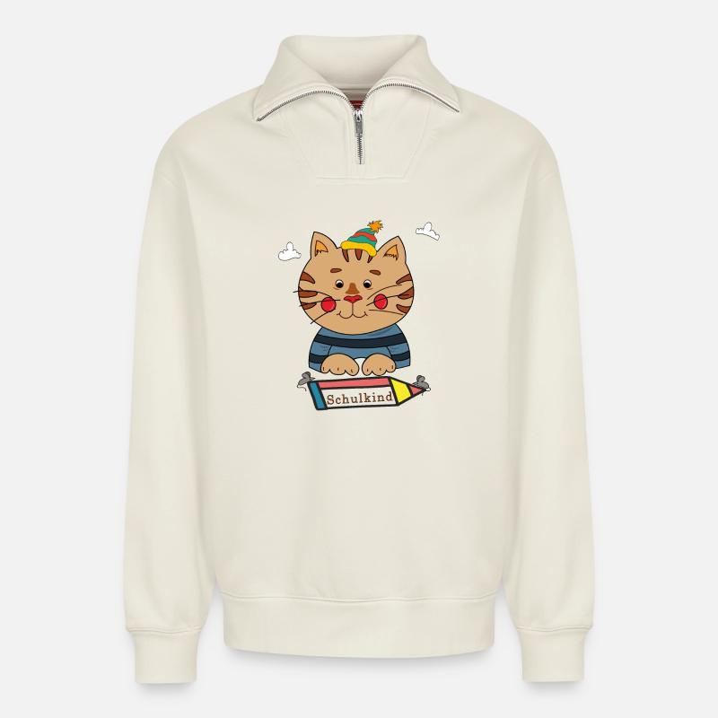 Chat écolier - Sweat unisexe décontracté en coton biologique à demi-zip – de SPREAD - blanc cassé