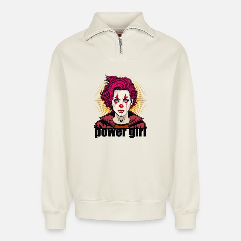 Fille de pouvoir - Sweat unisexe décontracté en coton biologique à demi-zip – de SPREAD - blanc cassé