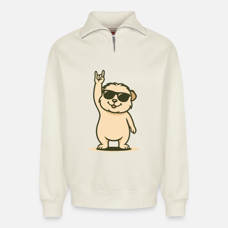 Cochon d’Inde Rock’n’Roll - Sweat unisexe décontracté en coton biologique à demi-zip – de SPREAD - blanc cassé