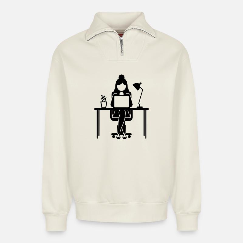Arbeiter Frau Computer Job - Relaxed Unisex Organic Half Zip Sweatshirt – von SPREAD - Naturweiß