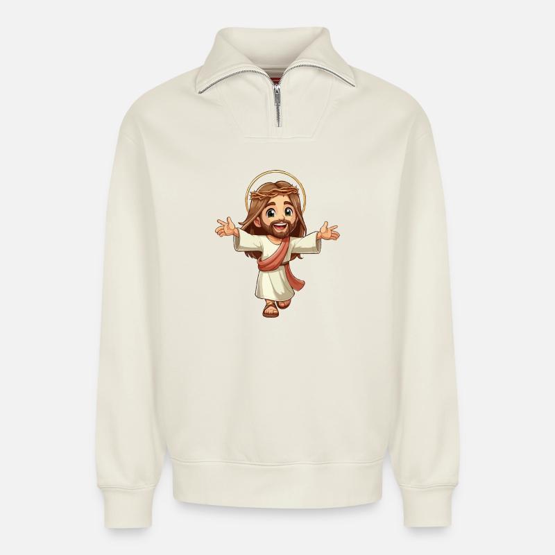Glücklicher junger Jesus - Relaxed Unisex Organic Half Zip Sweatshirt – von SPREAD - Naturweiß