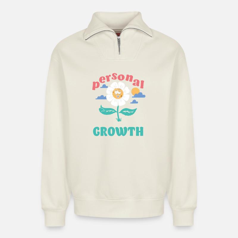 Persönliches Wachstum Daisy - Relaxed Unisex Organic Half Zip Sweatshirt – von SPREAD - Naturweiß