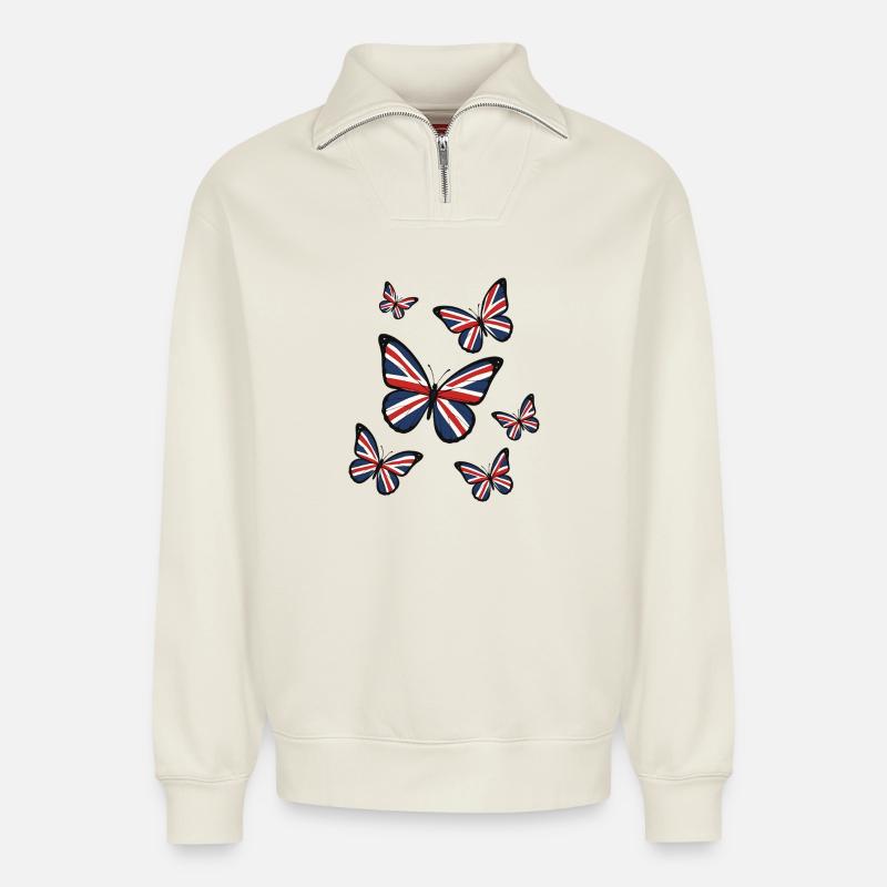 Union Jack Schmetterlinge - Relaxed Unisex Organic Half Zip Sweatshirt – von SPREAD - Naturweiß