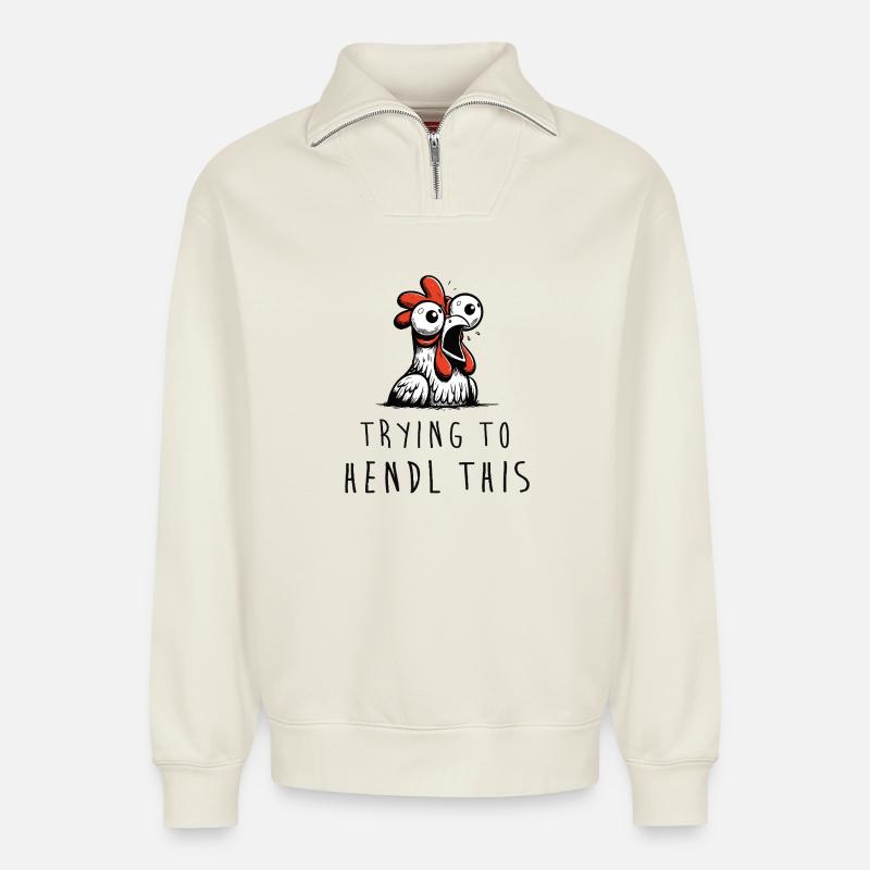 Chicken Chaos: Overwhelmed and funny - Relaxed Unisex Organic Half Zip Sweatshirt – by SPREAD - off white