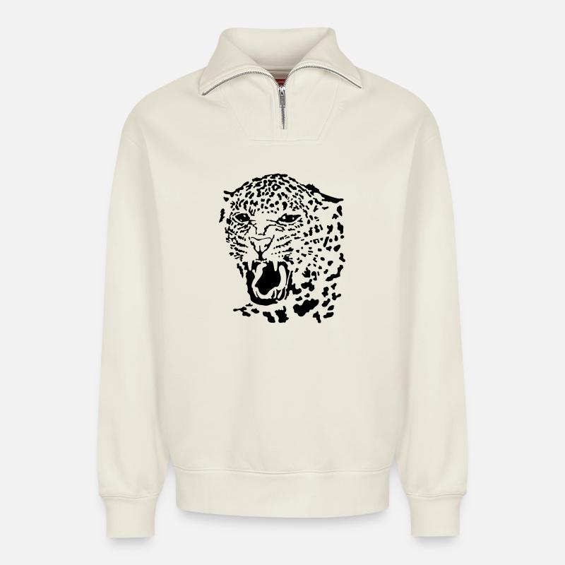 Léopard - Sweat unisexe décontracté en coton biologique à demi-zip – de SPREAD - blanc cassé