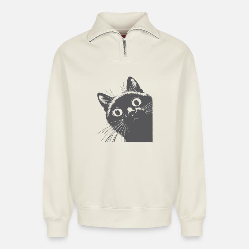 schwarze Katze - Relaxed Unisex Organic Half Zip Sweatshirt – von SPREAD - Naturweiß