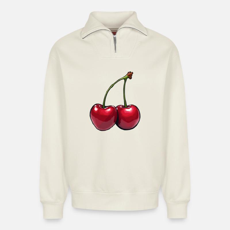 Cerises - Sweat unisexe décontracté en coton biologique à demi-zip – de SPREAD - blanc cassé