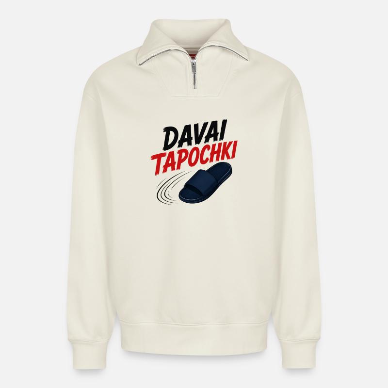 Davai Tapochki - Relaxed Unisex Organic Half Zip Sweatshirt – by SPREAD - off white