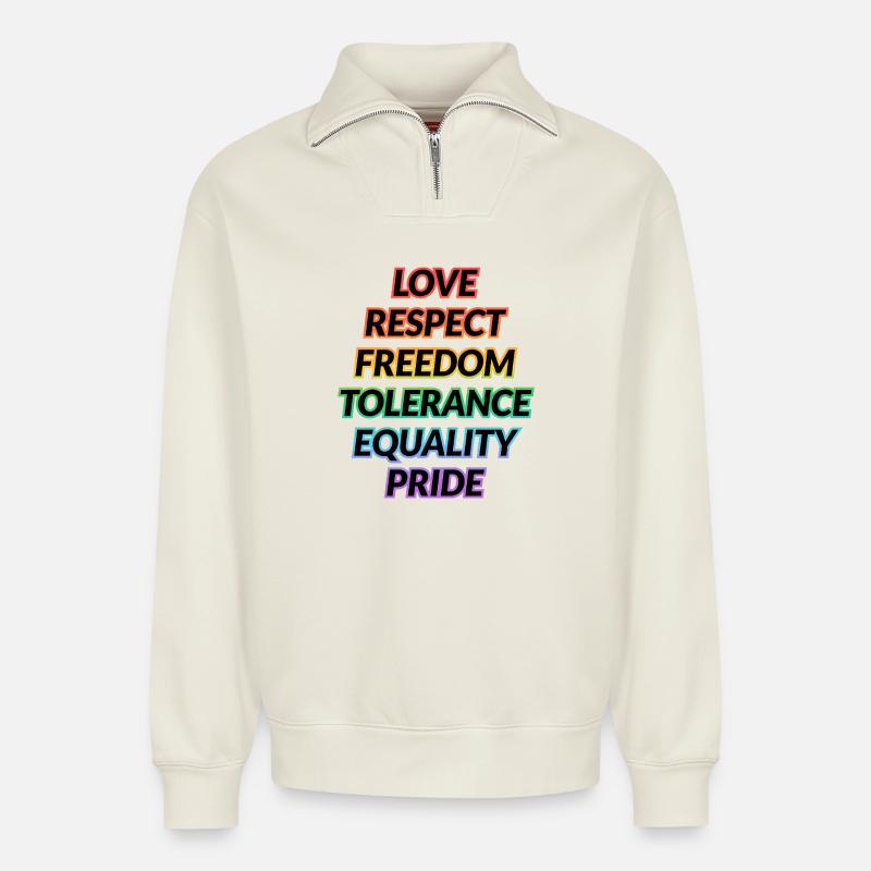 Pride Rainbow Values Tee - Relaxed Unisex Organic Half Zip Sweatshirt – by SPREAD - off white