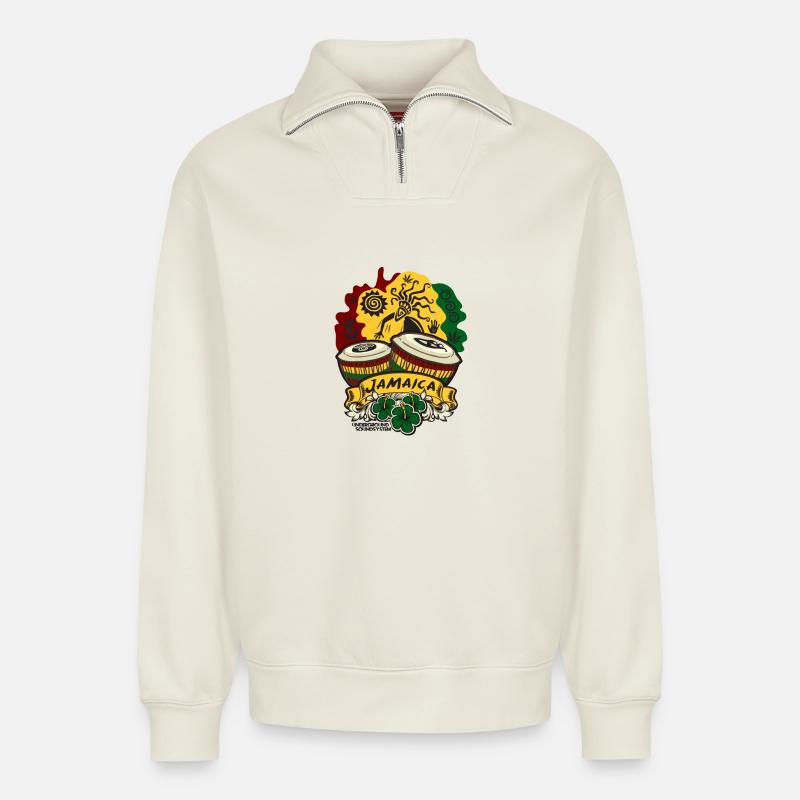 Jamaica Drum Rhythm - Sweat unisexe décontracté en coton biologique à demi-zip – de SPREAD - blanc cassé